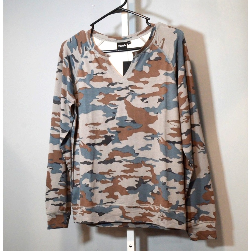 NWT Mono B Pullover Sweatshirt Size S Camo Print Notched Neck Raglan Sleeves